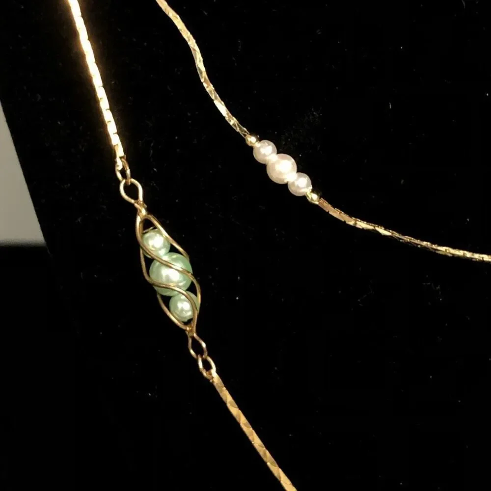 vintage korea gold tone caged pearls spaces snake chain long faux pearls elegant